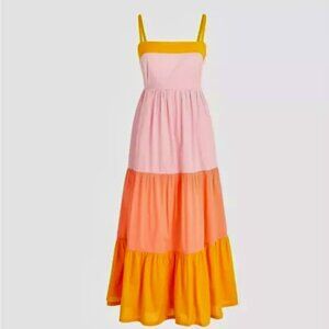 J. Crew Sleeveless Pink Orange Colorblock Tiered Dress NWT, Size 16 with Pockets